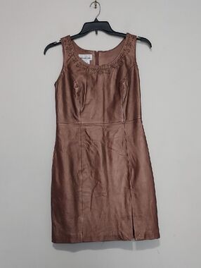 David Benjamin Vintage Leather Brown Sheath Dress with Embellished Neckline Sz-6